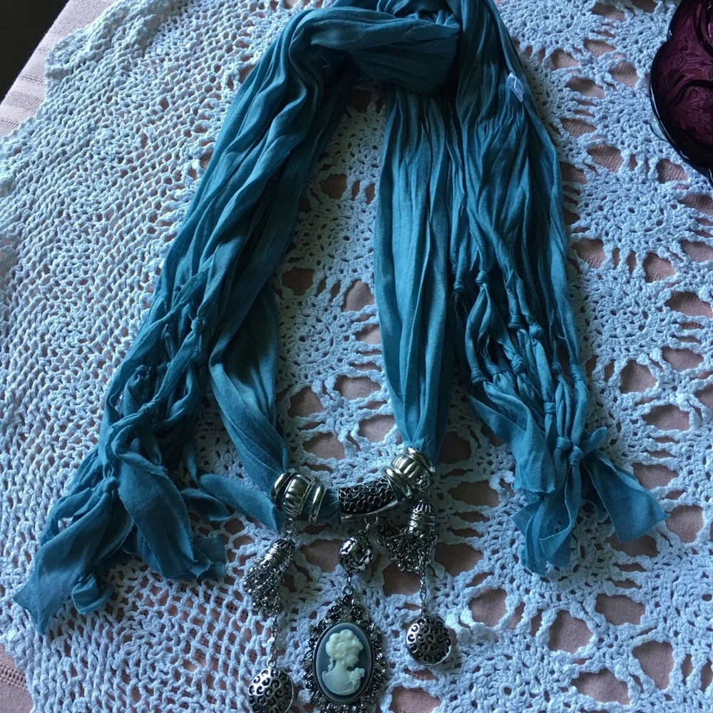 Blue Scarf with Cameo
